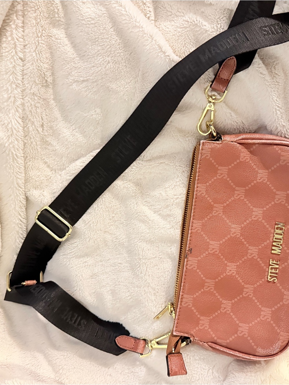 Steve Madden Coral-Pink Crossbody Bag with Wide Black Strap